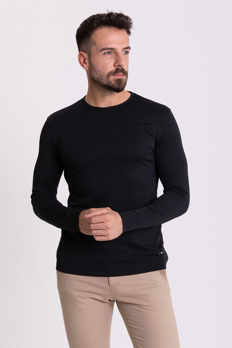 Flat Tile Color Slim Fit Long Sleeve Crew Neck Men's T-shirt 36671.21k