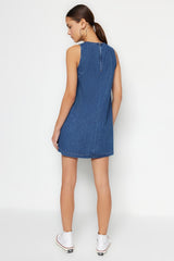 Dark Blue Pleated Denim Dress Twoss23el01942