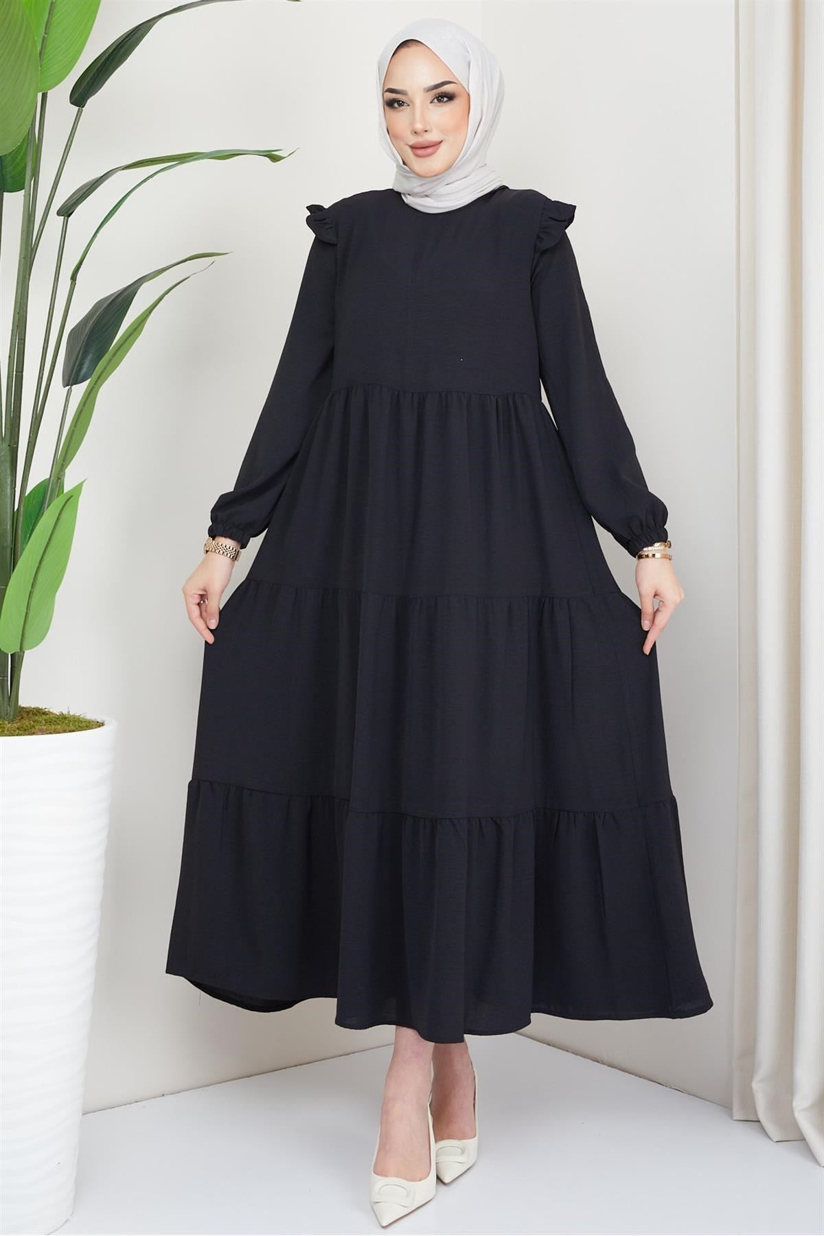 Shoulder Ruffle Ayrobin Hijab Dress Black 2062