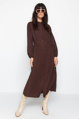 Brown Waist Adjustable Stopper Detailed Woven Cotton Dress Tctaw24eb00068