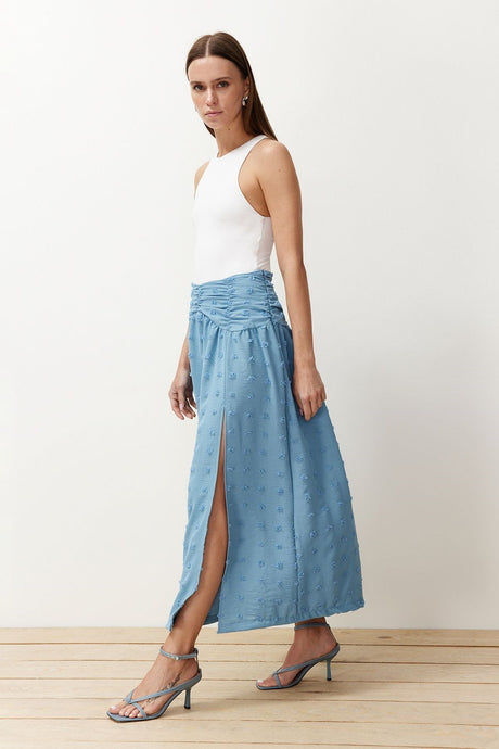 Blue Textured Maxi Woven Skirt Twoss24et00176