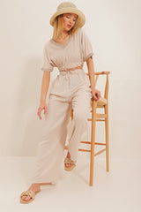 Women's Light Beige Collar Striped Crop Top And Palazzo Pants Suit Alc-x10652