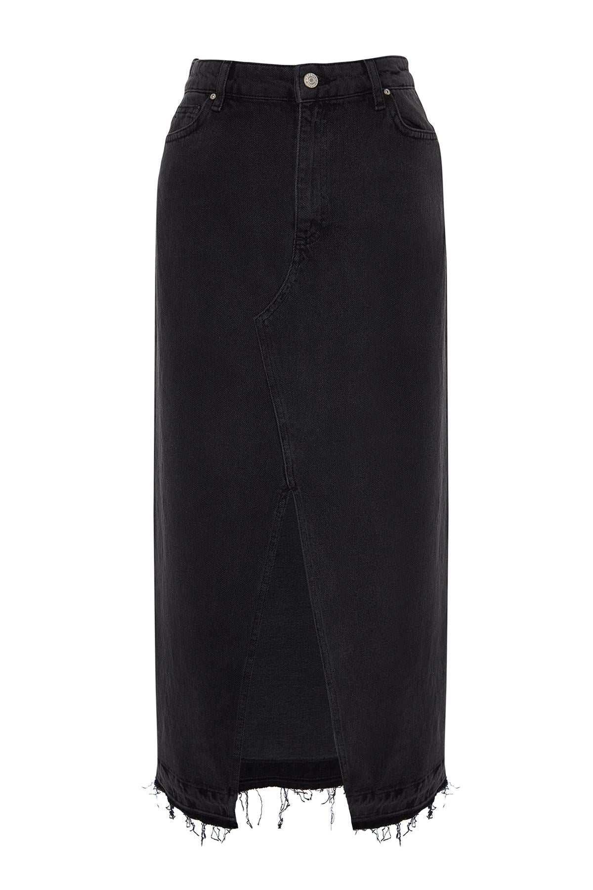 Dark Blue Slit Maxi Denim Skirt Twoss23et00289