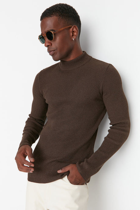 Brown Men's Fitted Slim Fit Half Turtleneck Ribbed Knitwear Sweater Tmnaw21kz0568