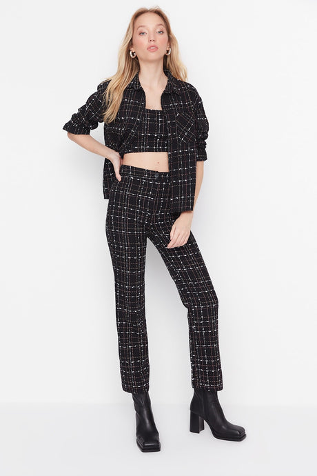 Black High Waist Cigarette Tweed Checkered Woven Pants Twoaw23pl00046