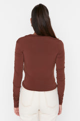 Burgundy Slim Ruffle Polo Neck Stretch Knitted Blouse Twoaw23bz00249