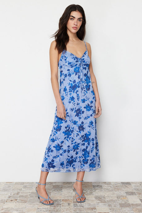 Blue Floral Printed Maxi Size Heart Neckline Twoss24el00272