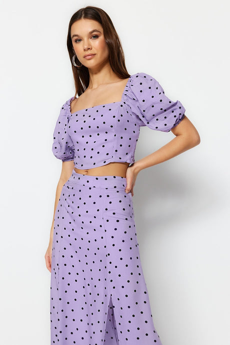 Lilac Polka Dot Slit Midi Viscose Woven Bottom Top Suit Twoss20au0097