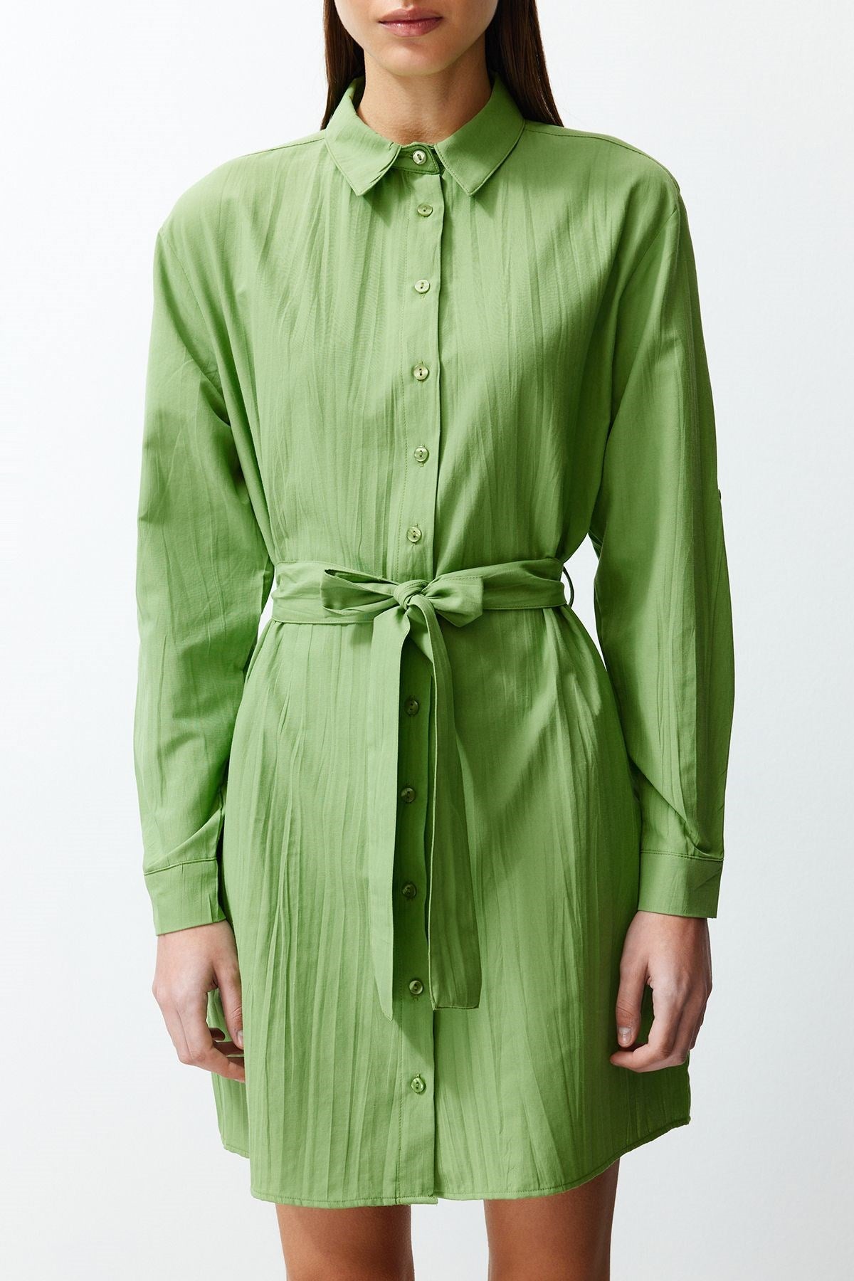 Green Belted Fabric Textured Mini Woven Shirt Dress Twoss24el00316