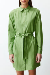 Green Belted Fabric Textured Mini Woven Shirt Dress Twoss24el00316