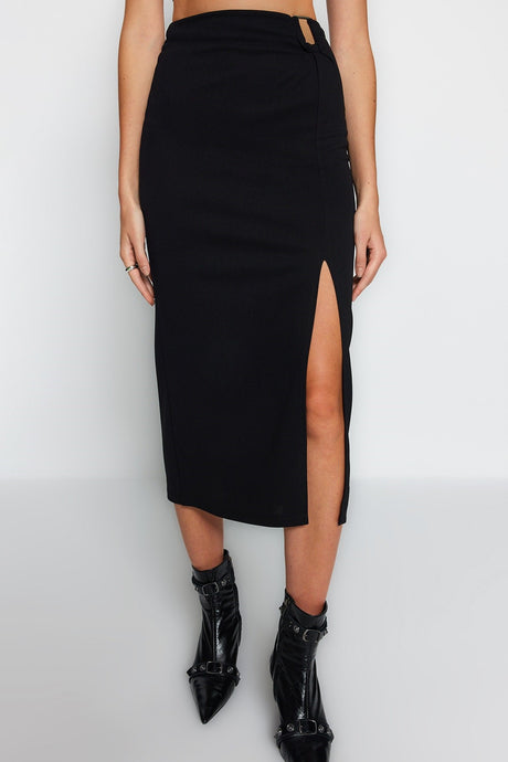 Black Crepe Buckle Slit Detailed Maxi High Waist Flexible Knit Skirt Twoaw24et00054