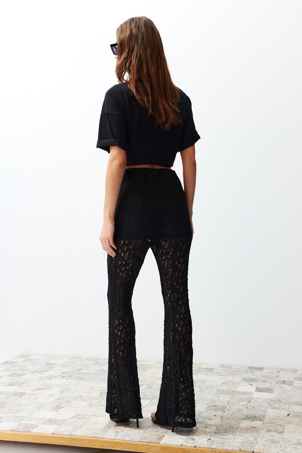 Black Lace Flare/spanish Leg Stretch Knit Pants Twoss24pl00095