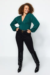 Emerald Green V Neck Sandy Knitted Blouse Tbbaw24af00000