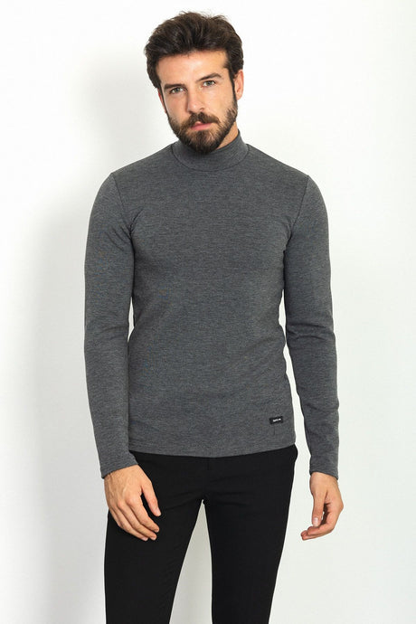 Plain Anthracite Color Slim Fit Half Turtleneck Long Sleeve Men's T-shirt 36761.22k