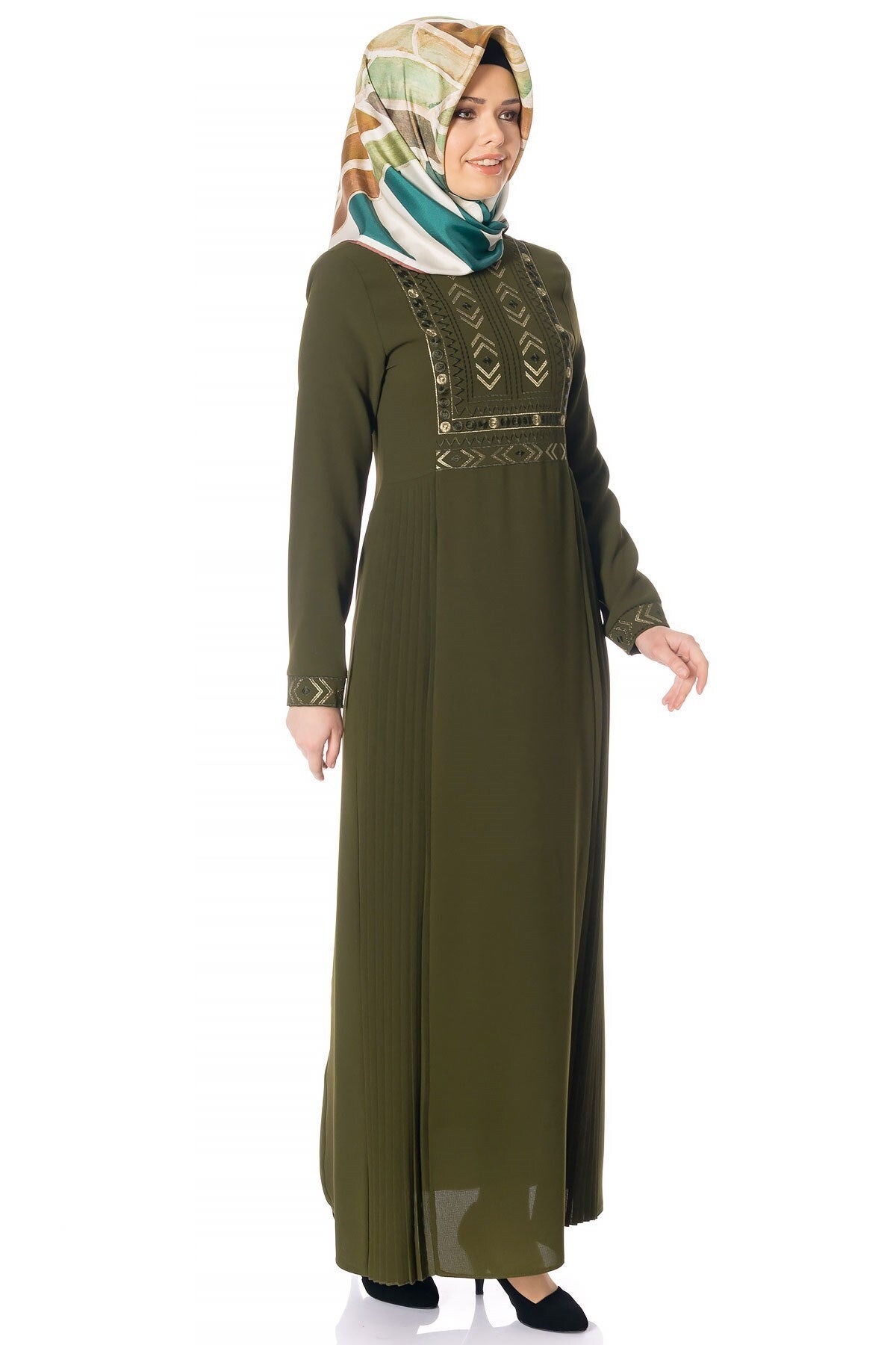 Pleated Black Burkini Dress With Greening Embroidery 780 T18elb3m780