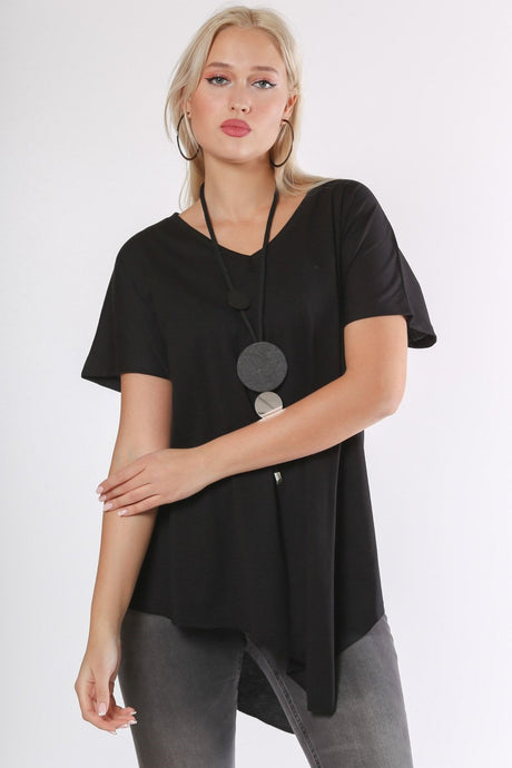 Black V Neck Short Sleeve Asymmetric Knitted Blouse M10010200bl93392