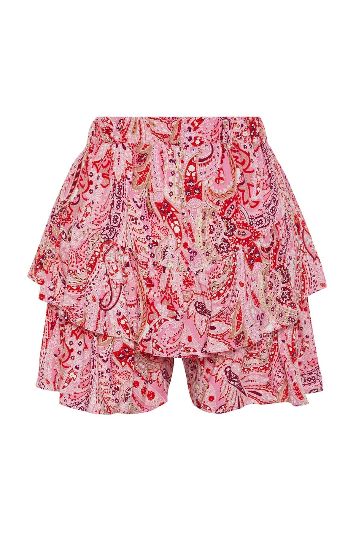 Red Shawl Pattern Ruffled Waist Rubber Detailed Viscose Woven Shorts Twoss24sr00053