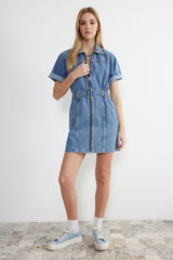 Blue Zipper Detailed Mini Denim Dress Twoss24el00367