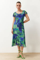 Blue Floral Square Neckline Midi A Cut/bell Form Knitted Midi Dress Twoss24el00876