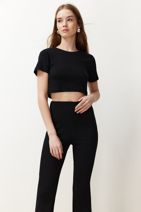 Black Crop Crew Neck Ribbed Stretch Knitted Blouse And Pants Bottom-top Suit Twoss21au0160