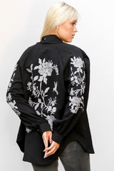 Women's White Collarless Balloon Sleeve Embroidered Regular Oversize Casual Viscose Woven Jacket M10