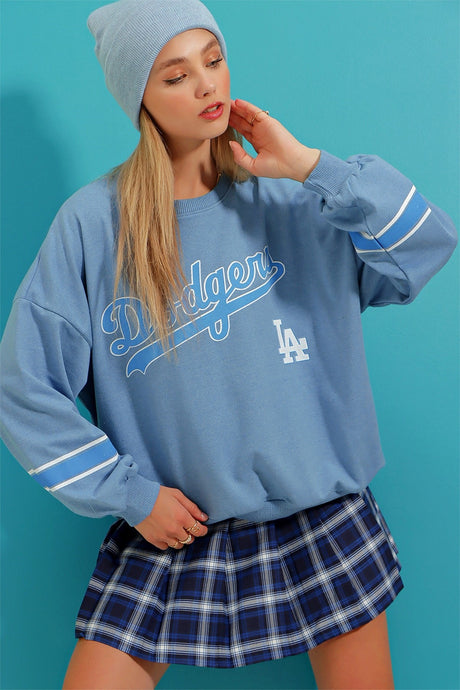 Women's Sky Blue Crew Neck Dodgers Printed Sleeve Striped Sweatshirt Alc-x8960