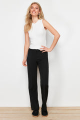 Black Straight/straight Cut High Waist Rib Stitched Woven Pants Twoss24pl00123