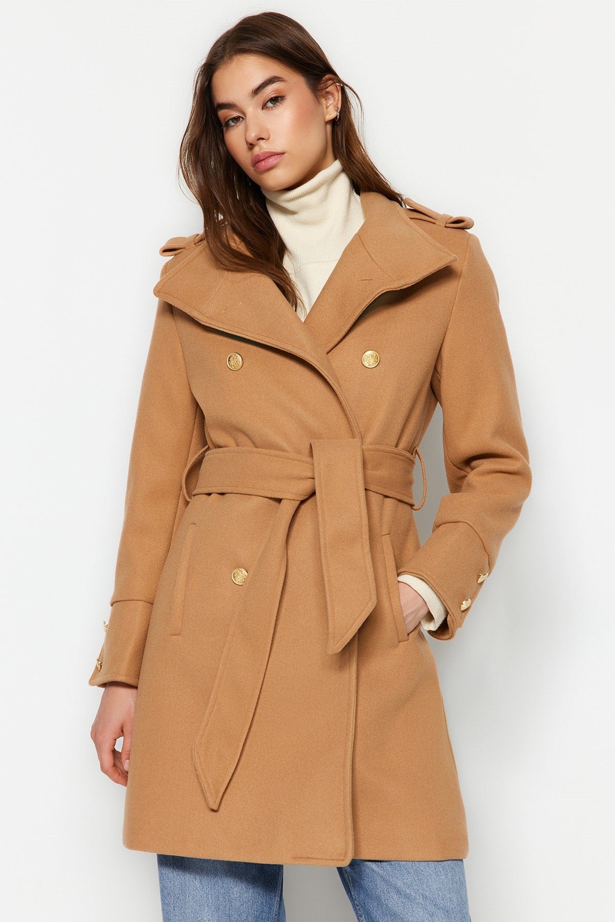 Camel Belted Gold Button Detailed Cashmere Coat Twoaw24kb00006