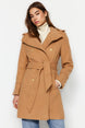 Camel Belted Gold Button Detailed Cashmere Coat Twoaw24kb00006