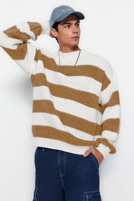 Camel Mens Oversize Fit Wide Pattern Crew Neck Striped Knitwear Sweater Tmnaw23kz00106