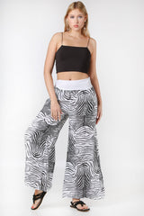 Italian Black And White Zebra Pattern Elastic Waist Linen. Woven Pants M10060000pn98340