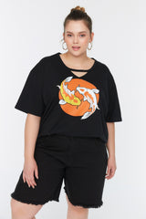 Black Knitted Printed T-shirt Tbbss22ts2121