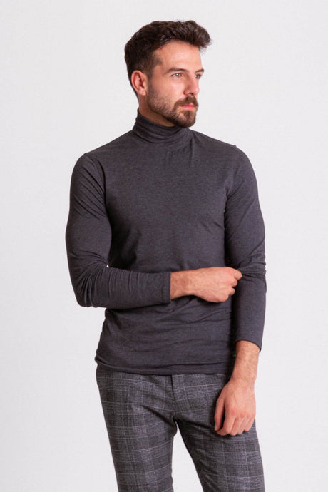 Solid Anthracite Color Slim Fit Long Sleeve Full Turtleneck Men's Combed 36678.21k