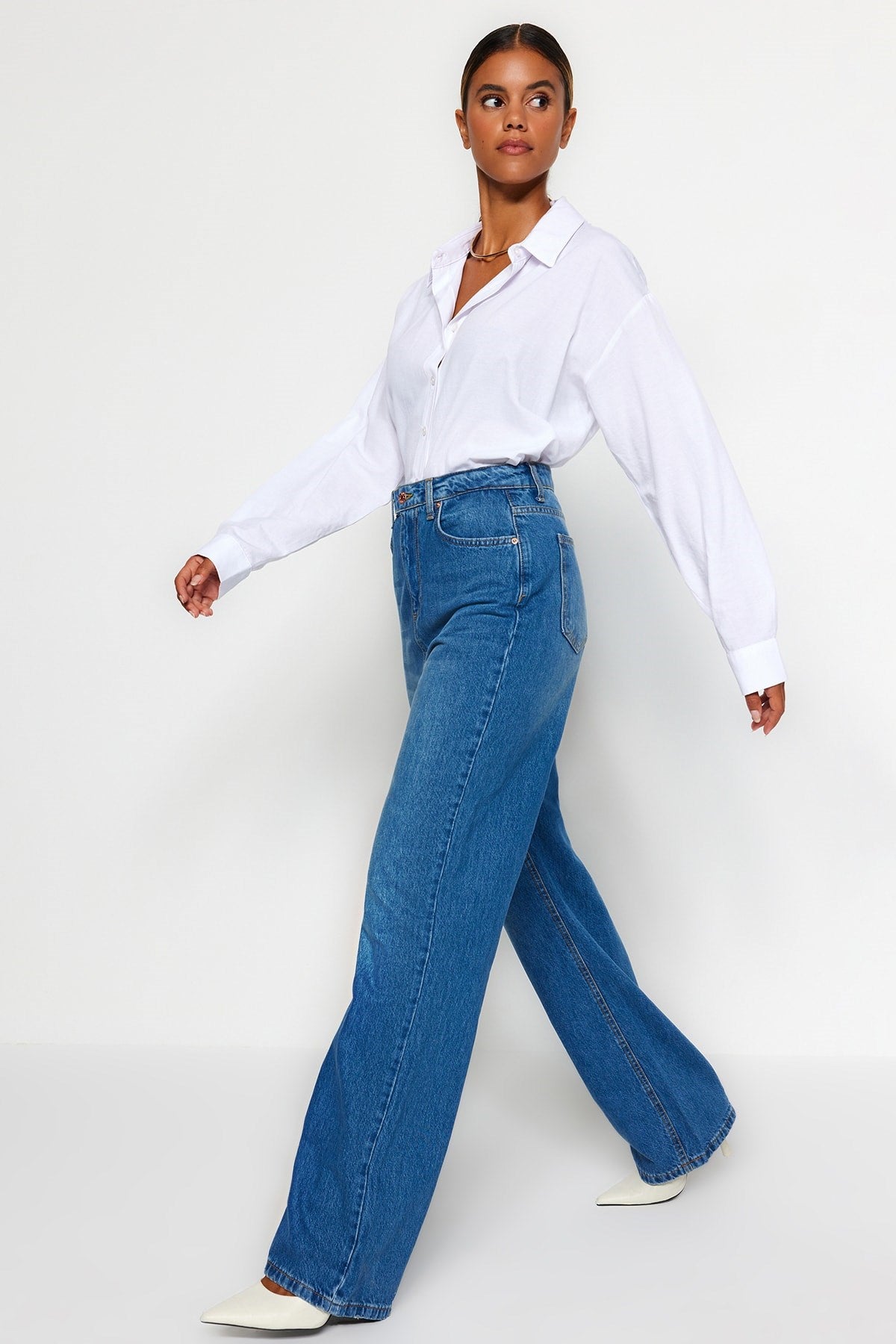 Blue Waist Detailed High Waist Wide Leg Jeans Twoss22je0675