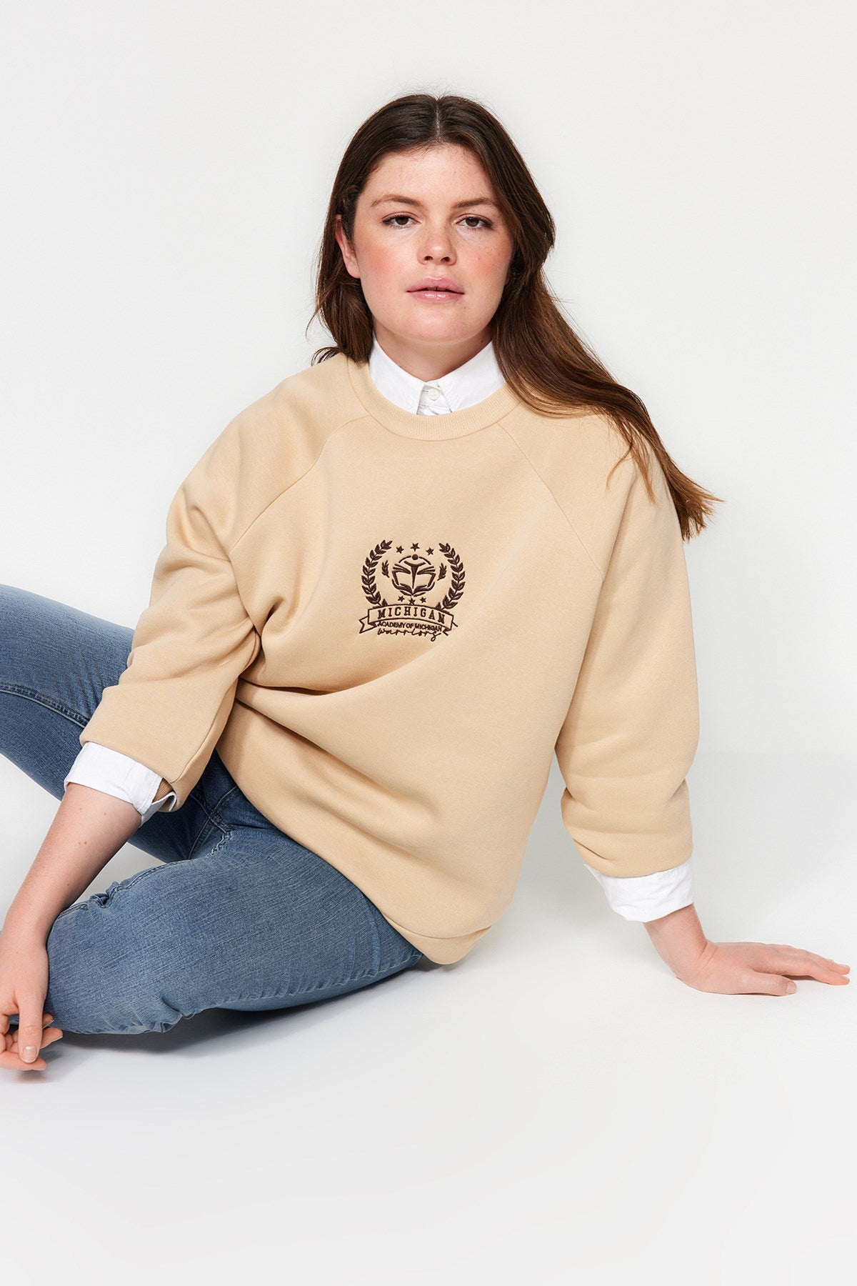 Camel Thick Inner Polar Embroidery Detailed Knitted Sweatshirt Tbbaw24ao00021