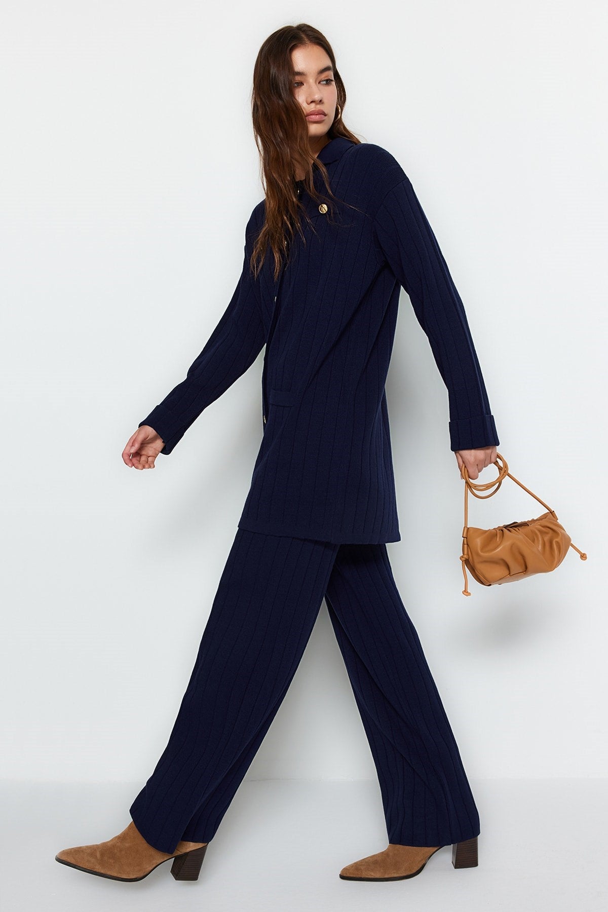 Navy Ribbed Cardigan-pants Knitwear Bottom-top Suit Tctaw24us00003