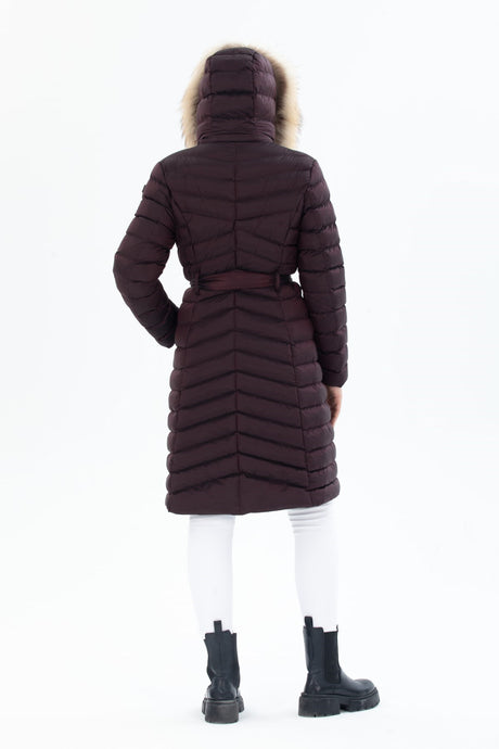 Women's Long Removable Fur Hooded Padded Waist Belt Waterproof Inflatable Coat 8529 1001m8529