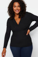 Black Double-breasted Plain Double-breasted Ruffle Knitted Plus Size Blouse Tbbaw24af00031