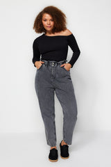 Black High Waist Elastic Waist Mom Jeans Tbbaw23je00002