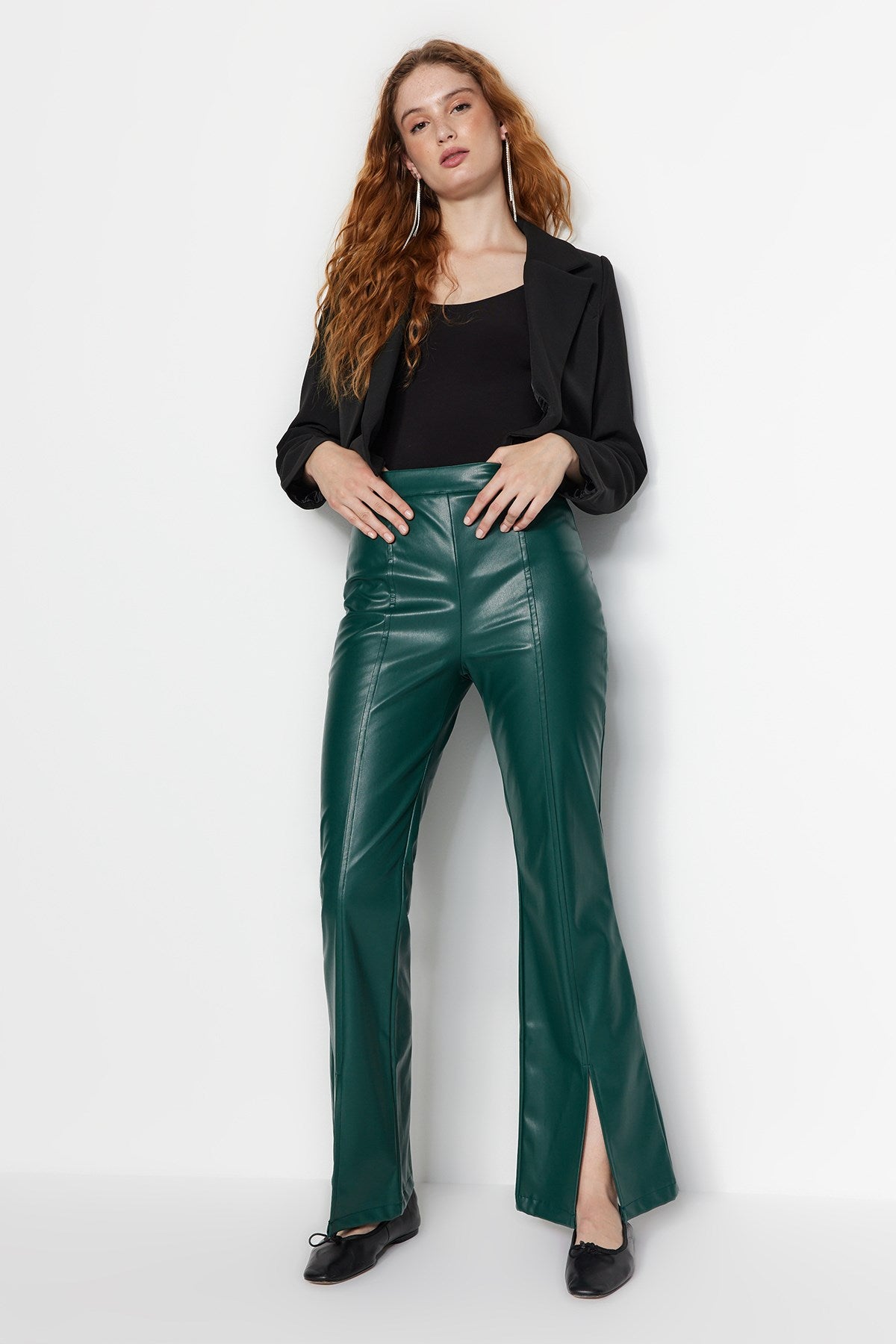 Black Flare Spanish Leg Woven Faux Leather Leg Slit Detailed Pants Twoaw23pl00056