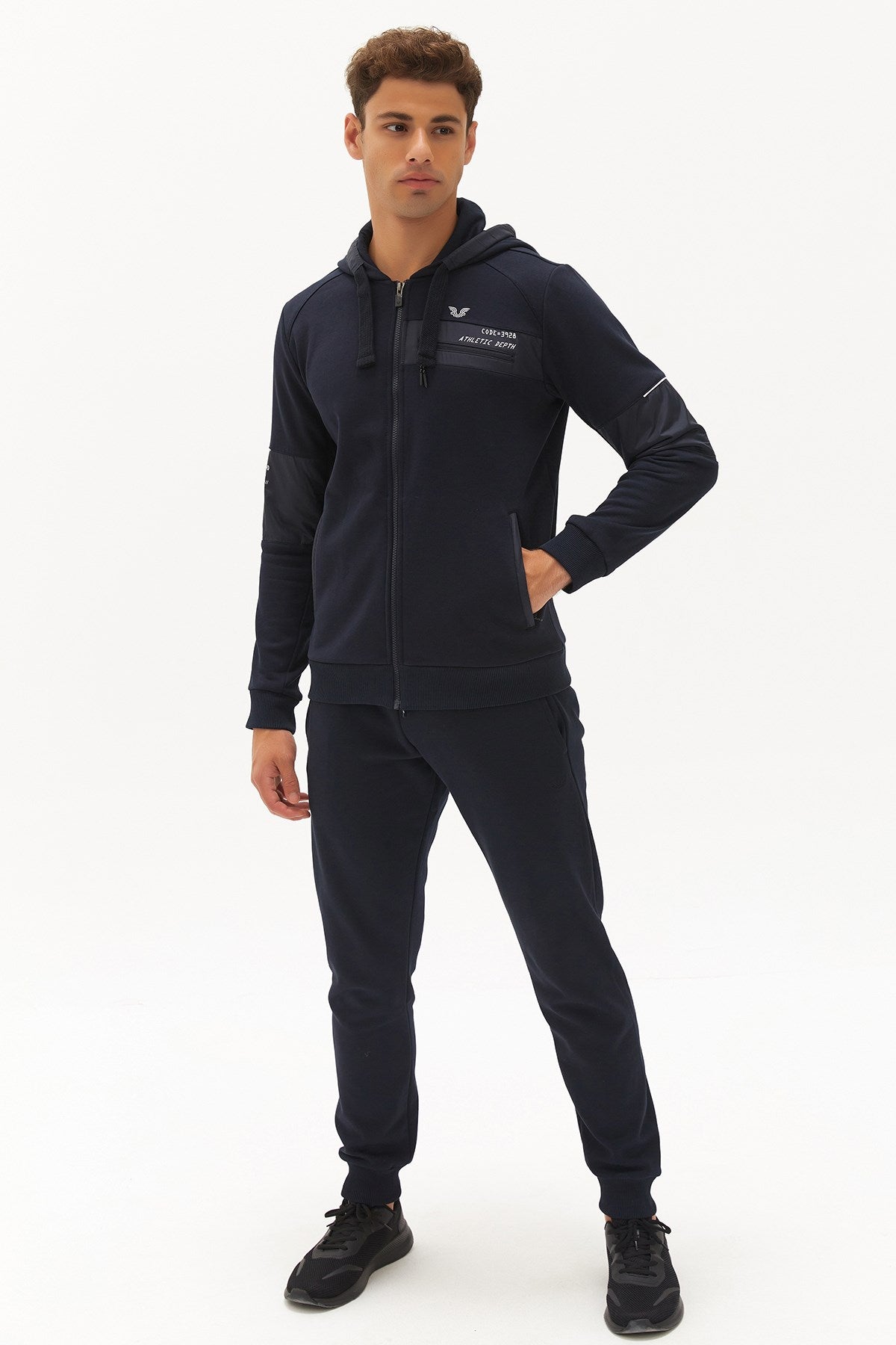 Men's Navy Blue Hooded Zipper Pocket Casual Sports Tracksuit Top 0371 Tb22ml06w0371-1