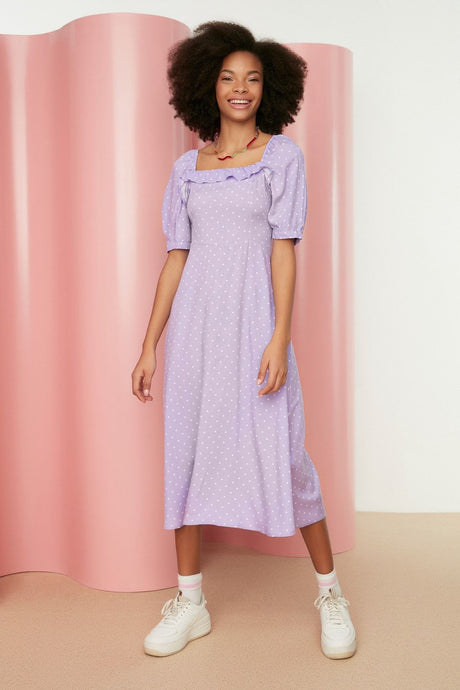 Lilac A Cut Ruffle Polka Dot Midi Woven Dress Twoss21el0511