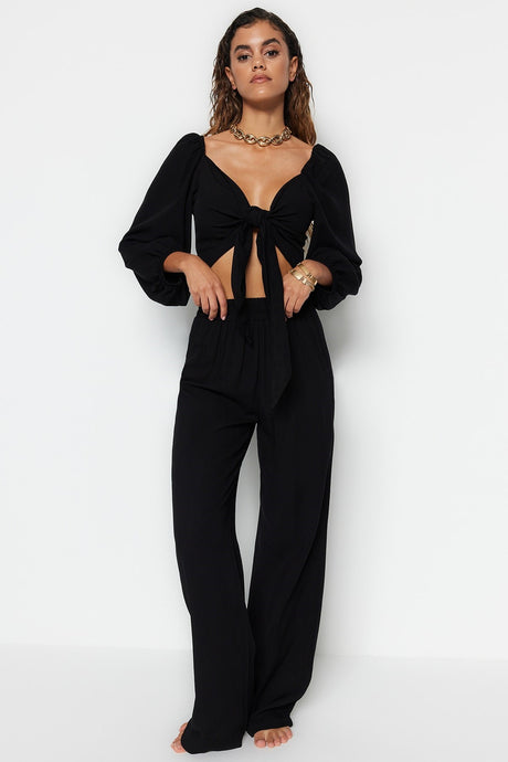 Black Woven Tie Blouse Pants Suit Tbess23au00072