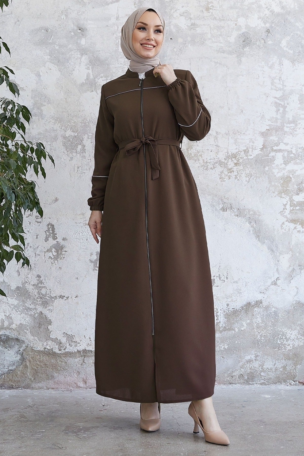 Milena Biye Detail Belted Abaya - Plum Ms00tz7035