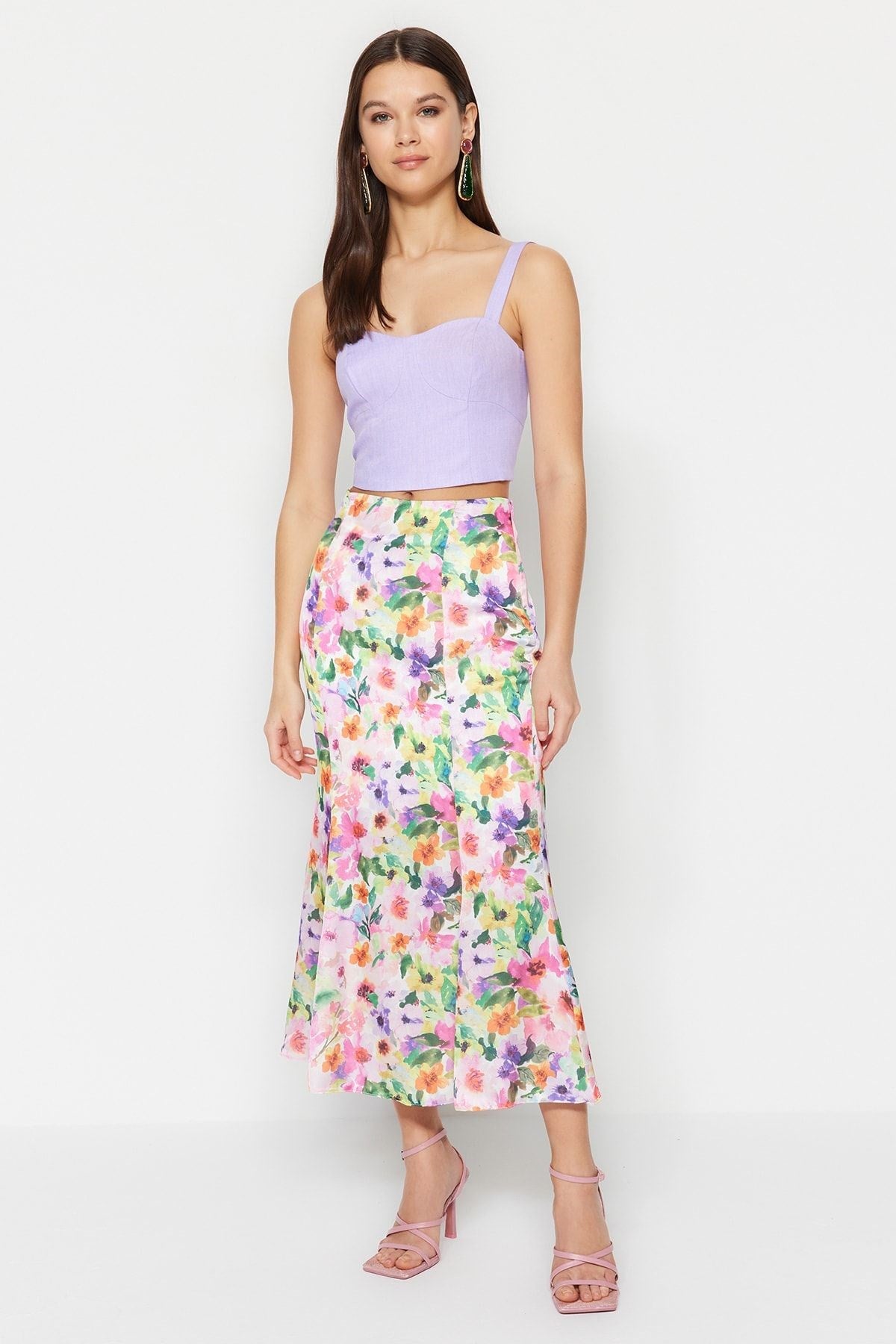 Multicolor Floral Pattern Maxi Length Woven Skirt Twoss23et00124