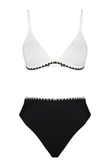 Black And White Triangle Embroidery High Waist Regular Bikini Set Tbess24bt00127