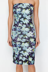 Limited Edition Blue Flower Printed Mini Strapless Collar Flexible Knitted Pencil Dress Twoss24el005