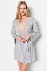 Ecru Lace Detailed Viscose Knitted Dressing Gown Thmss22sb0006