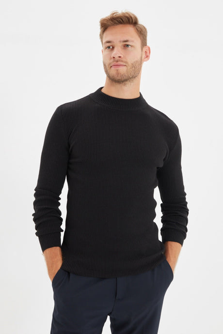 Brown Men's Fitted Slim Fit Half Turtleneck Ribbed Knitwear Sweater Tmnaw21kz0568