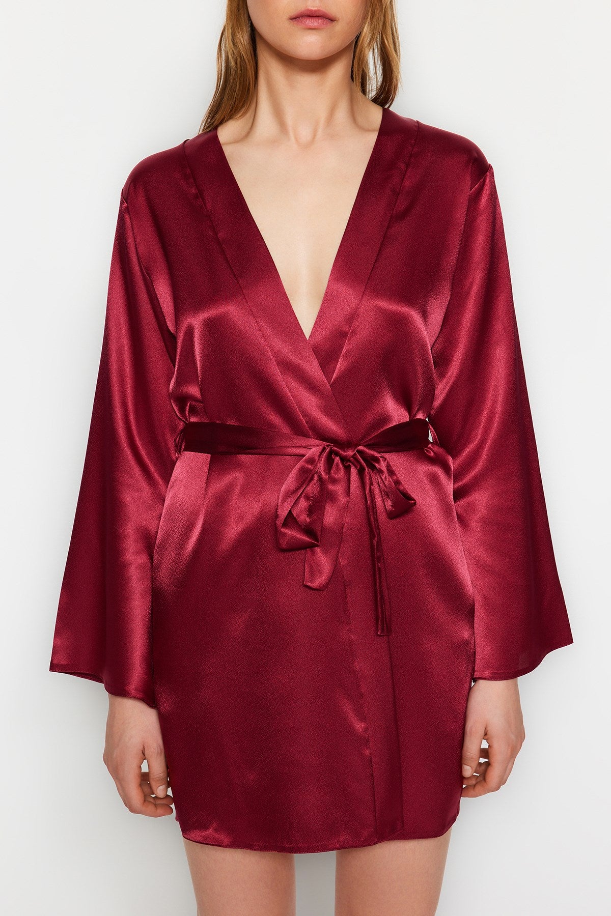 Black Satin Back Cut-out/window Detailed Woven Dressing Gown Thmaw24sb00006